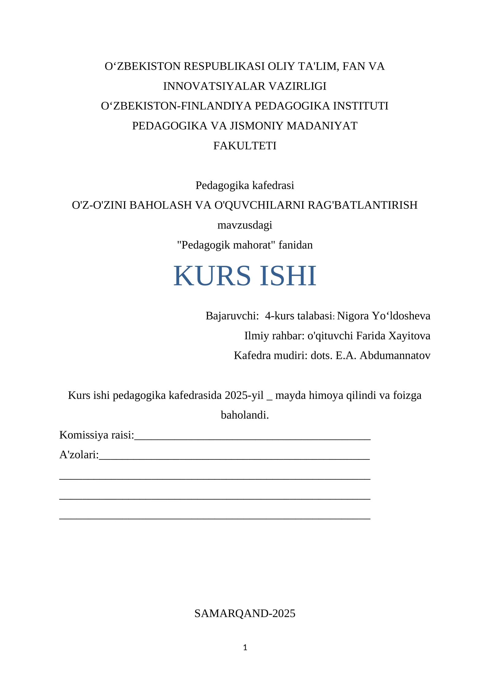 "Pedagogik mahorat" fanidan KURS ISHI