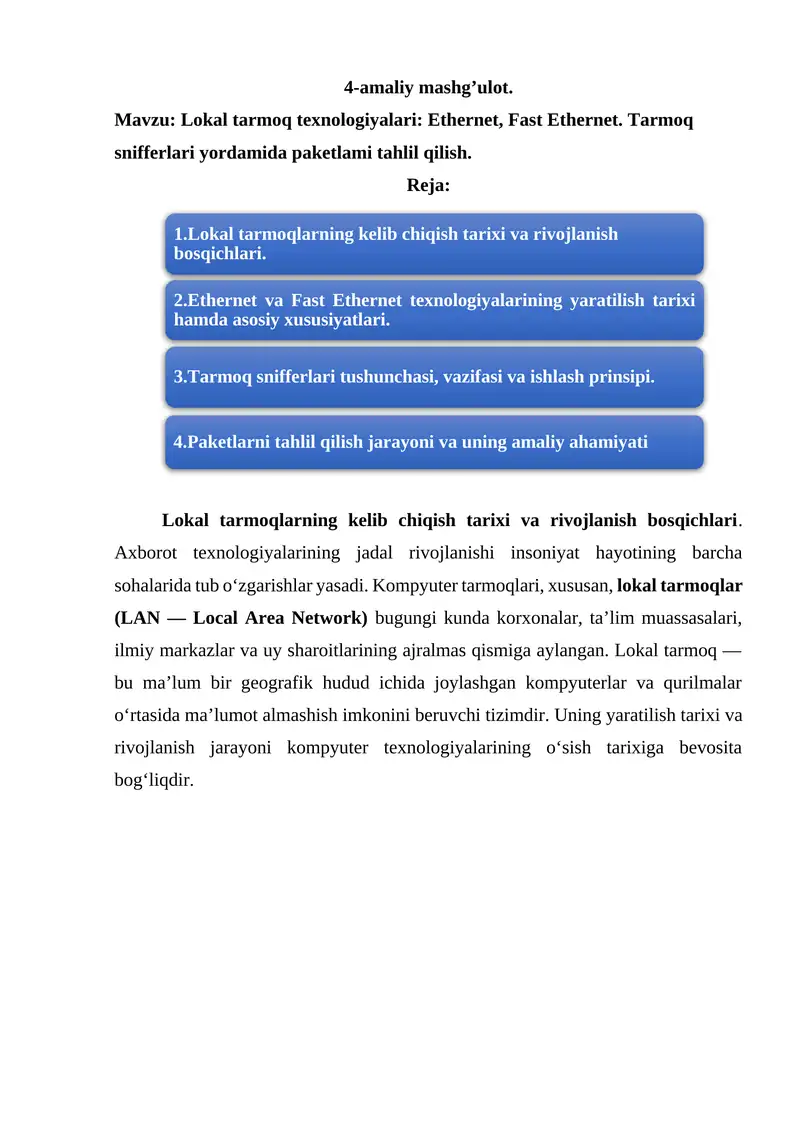 Lokal tarmoq texnologiyalari: Ethernet, Fast Ethernet