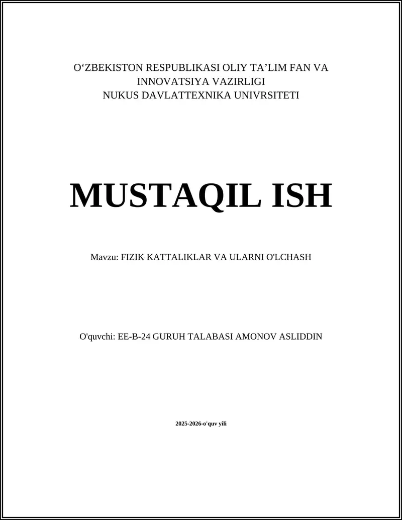 FIZIK KATTALIKLAR VA ULARNI O'LCHASH