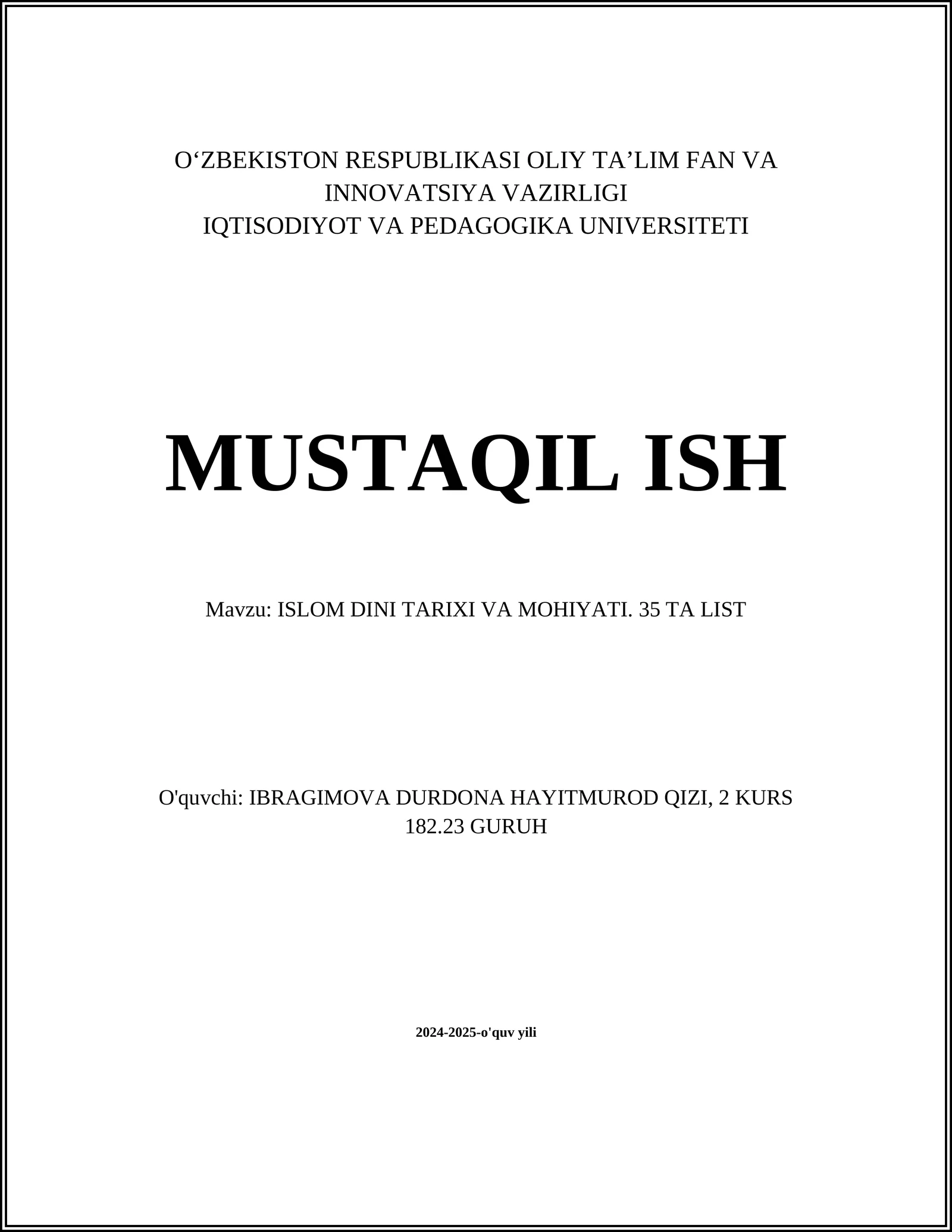 ISLOM DINI TARIXI VA MOHIYATI