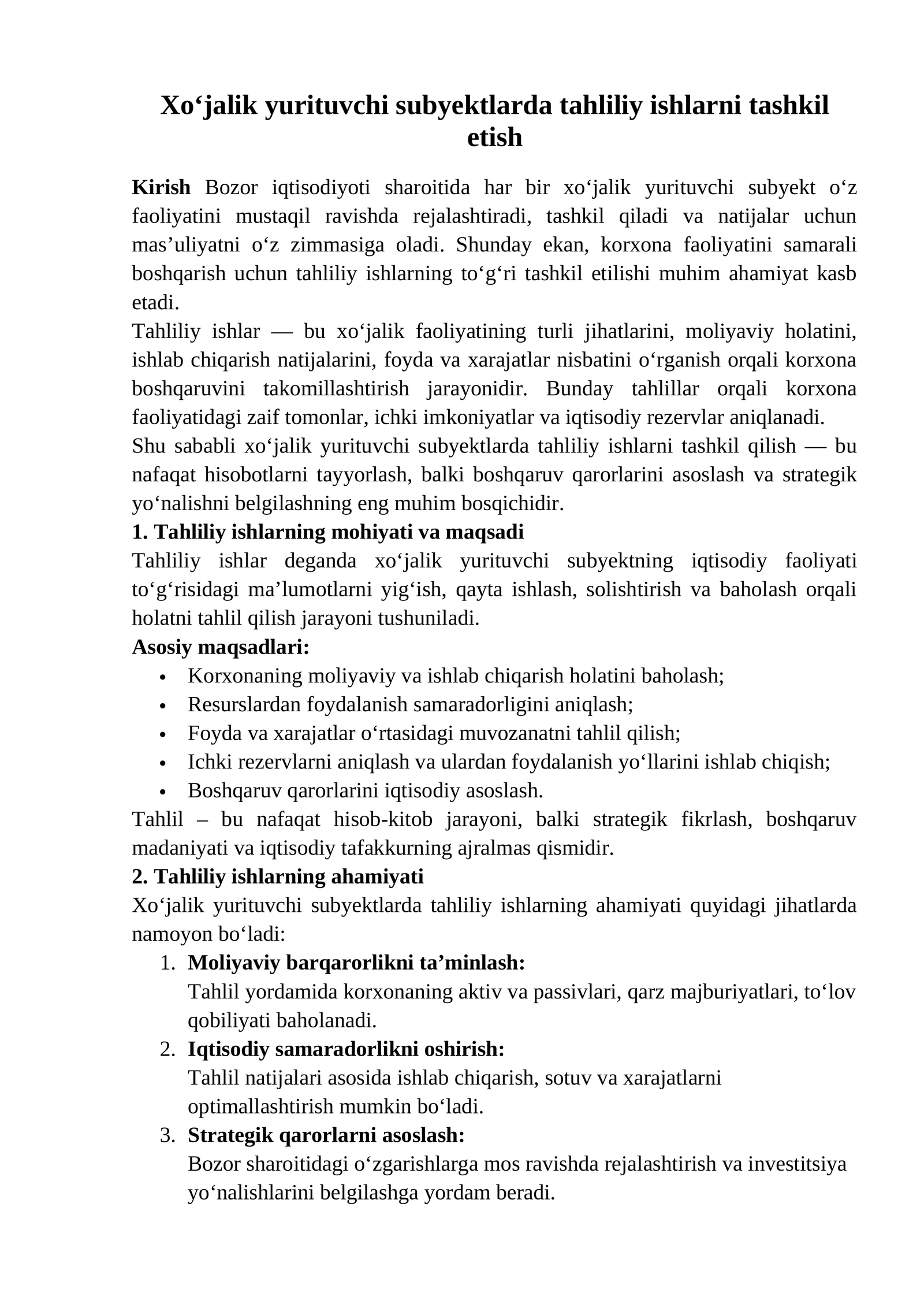 Tahliliy ishlarni tashkil etish