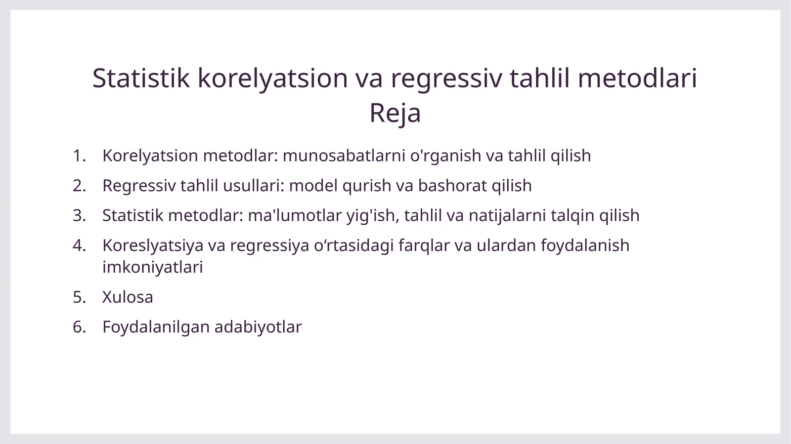 Statistik korelyatsion va regressiv tahlil metodlari