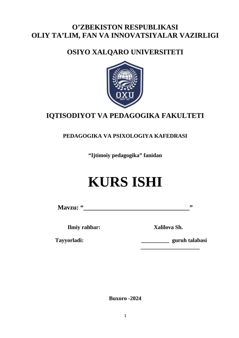 Ijtimoiy pedagogika kurs ishi