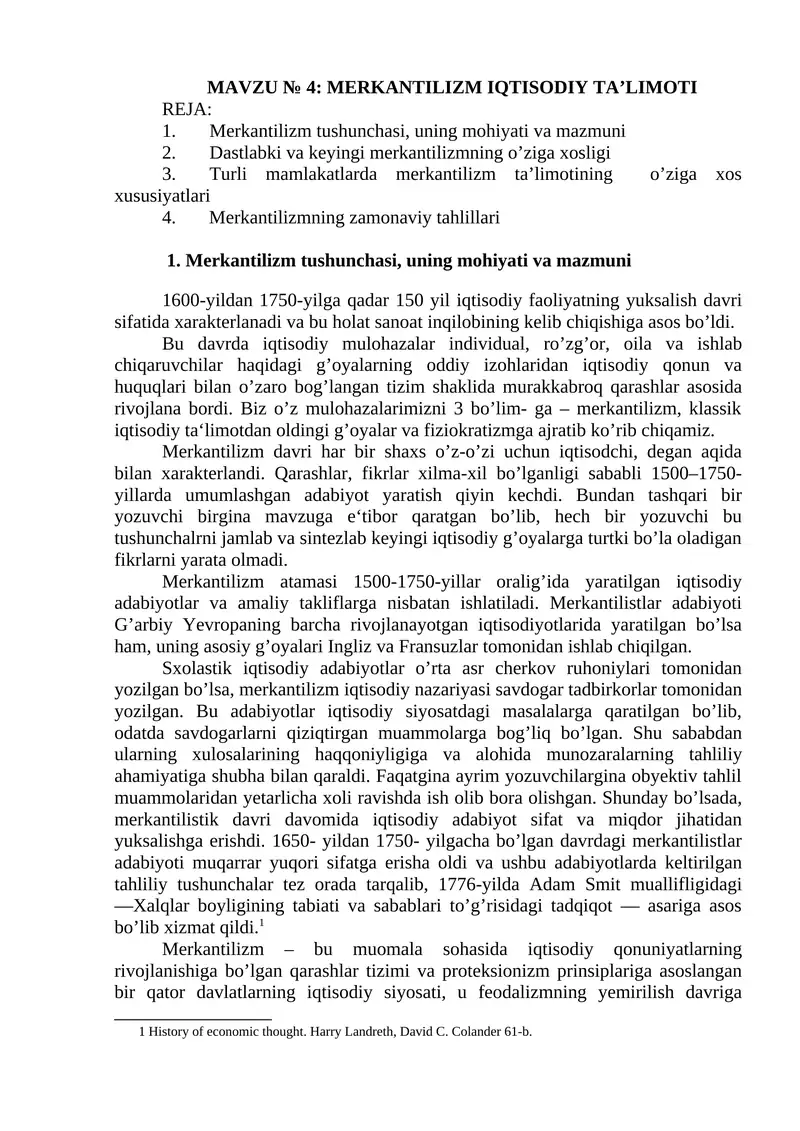 MERKANTILIZM IQTISODIY TA’LIMOTI