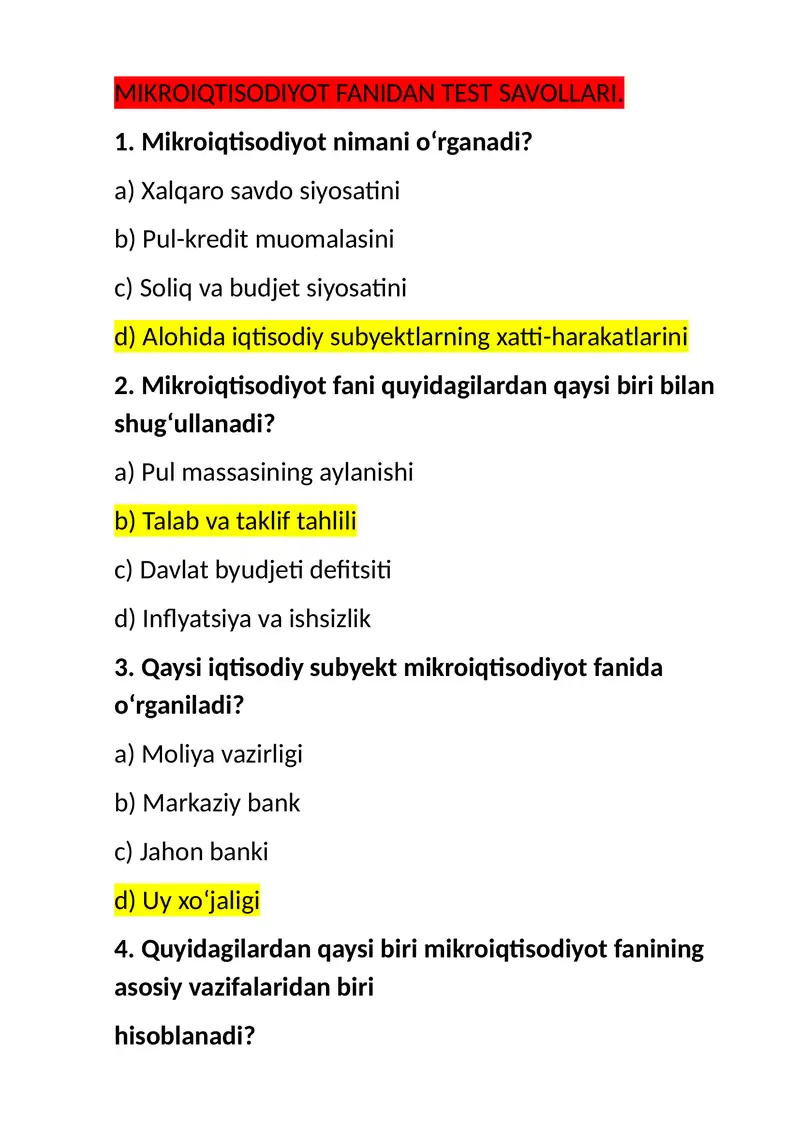 Mikroiqtisodiyot Fanidan Test Savollari