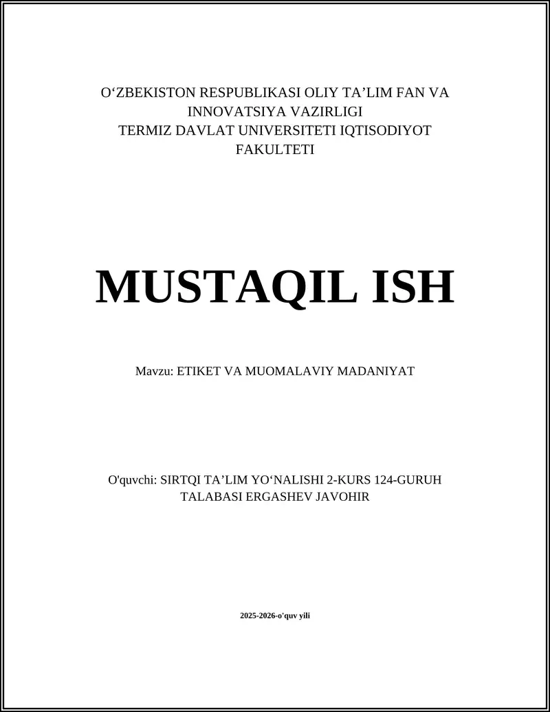 ETIKET VA MUOMALAVIY MADANIYAT