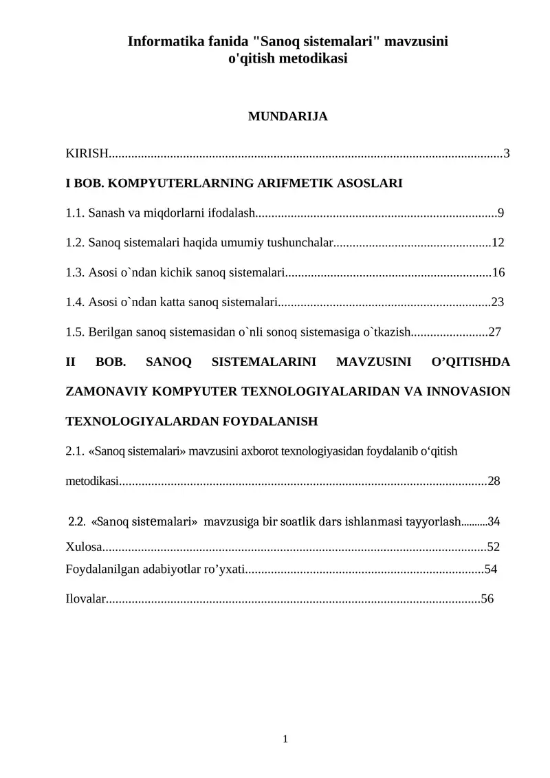 Informatika fanida "Sanoq sistemalari" mavzusini o'qitish metodikasi