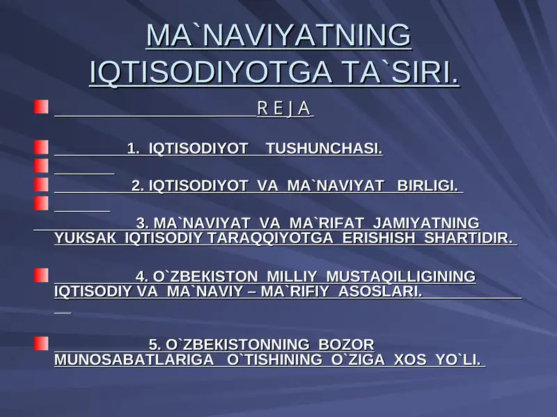 MA`NAVIYATNING IQTISODIYOTGA TA`SIRI