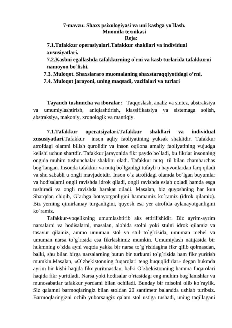 7-mavzu: Shaxs psixologiyasi va uni kasbga yo`llash.