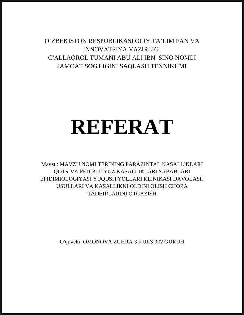 TERINING PARAZINTAL KASALLIKLARI