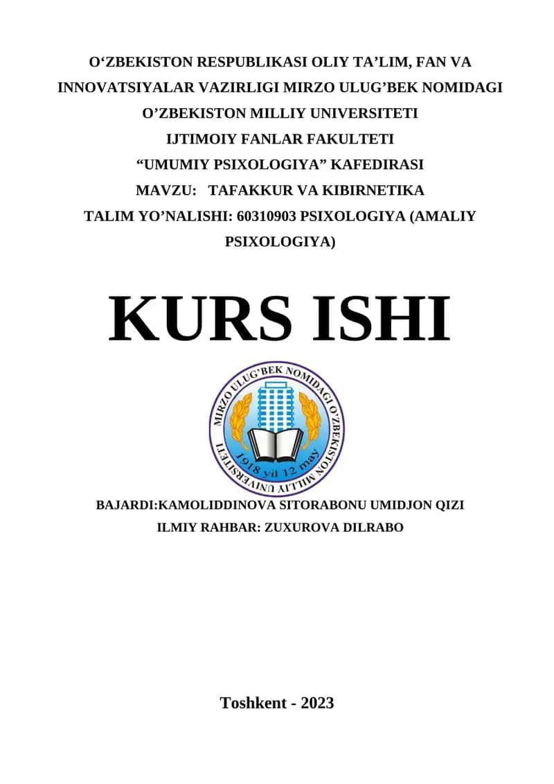 TAFAKKUR VA KIBIRNETIKA TALIM YO’NALISHI: 60310903 PSIXOLOGIYA (AMALIY PSIXOLOGIYA)