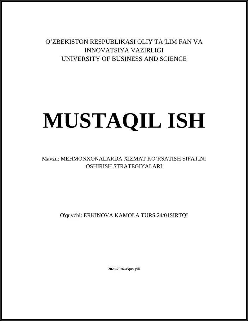 MEHMONXONALARDA XIZMAT KOʻRSATISH SIFATINI OSHIRISH STRATEGIYALARI