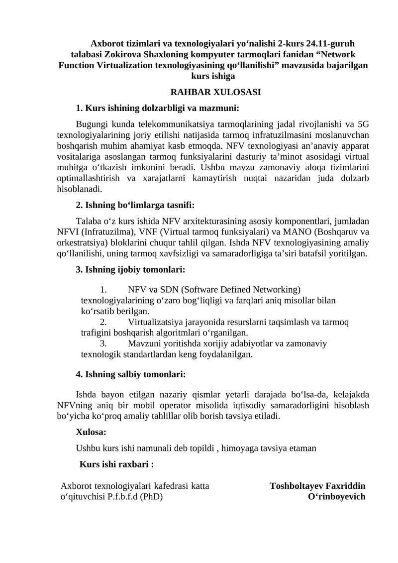 Network Function Virtualization texnologiyasining qo‘llanilishi kurs ishi