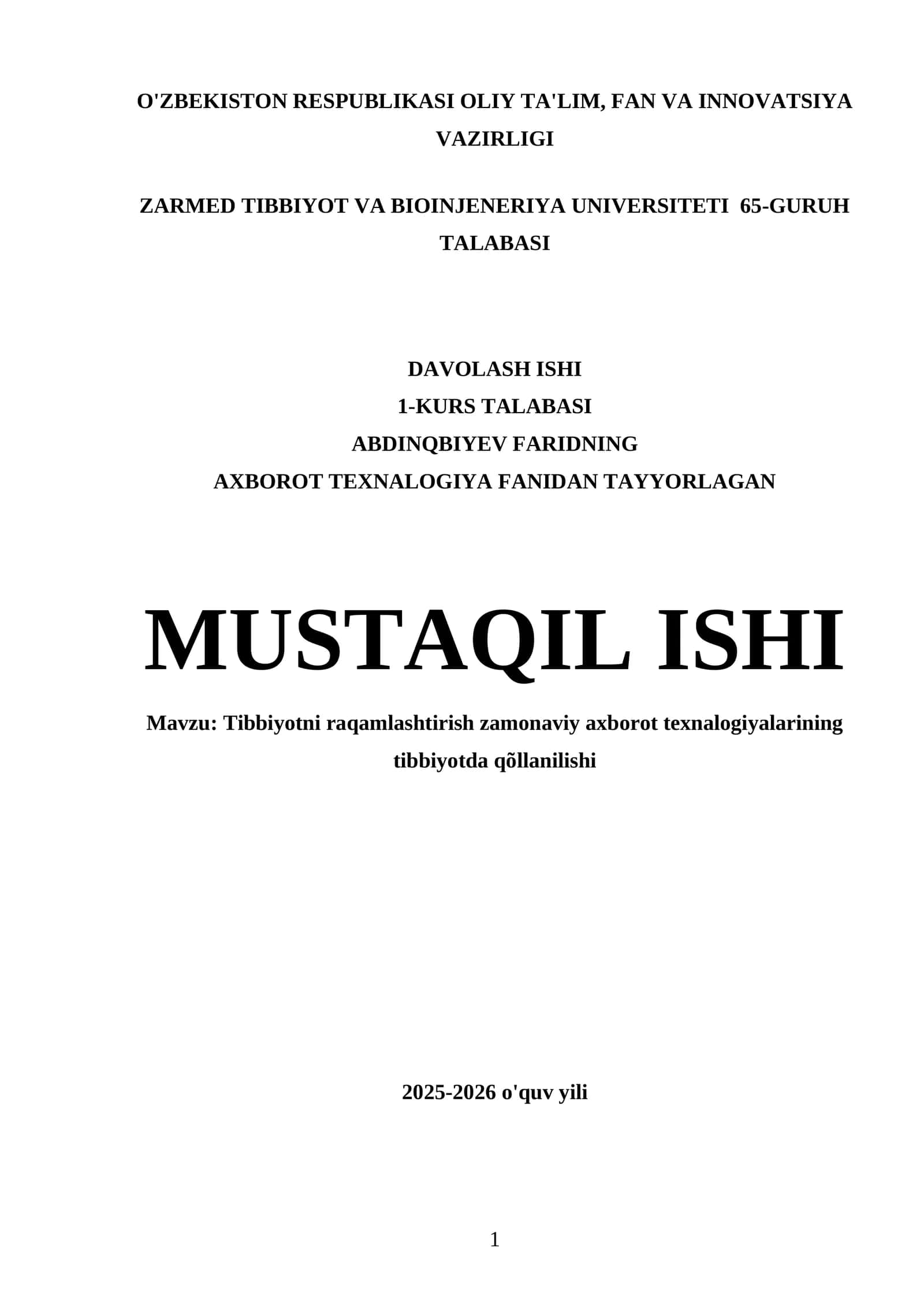 ZARMED Tibbiyot va Bioinjeneriya Universiteti 65-guruh Talabasi Davolash Ishi
