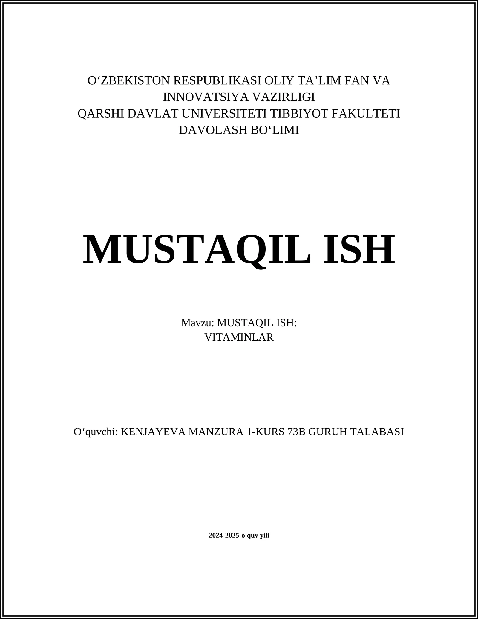 MUSTAQIL ISH: VITAMINLAR