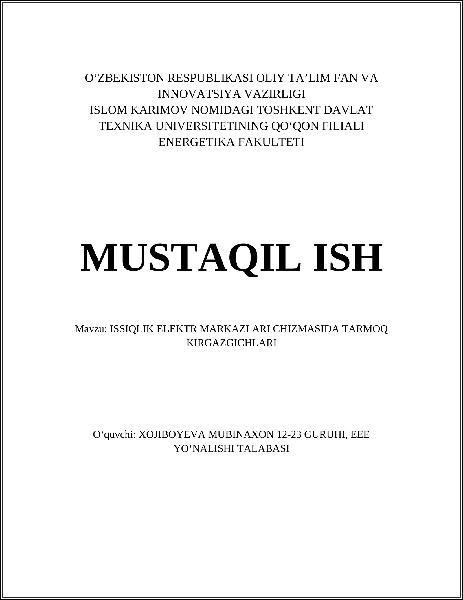 ISSIQLIK ELEKTR MARKAZLARI CHIZMASIDA TARMOQ KIRGAZGICHLARI