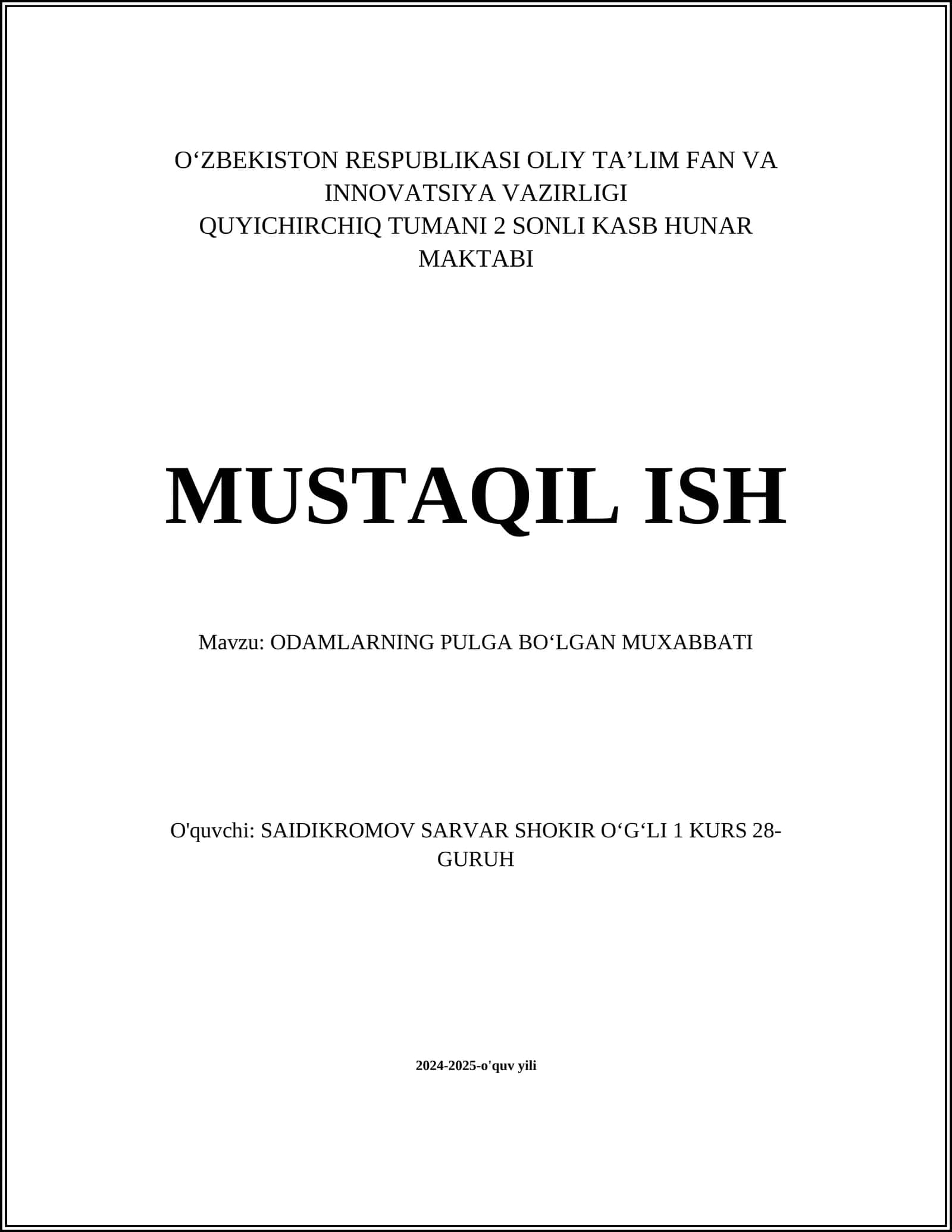 ODAMLARNING PULGA BOʻLGAN MUXABBATI
