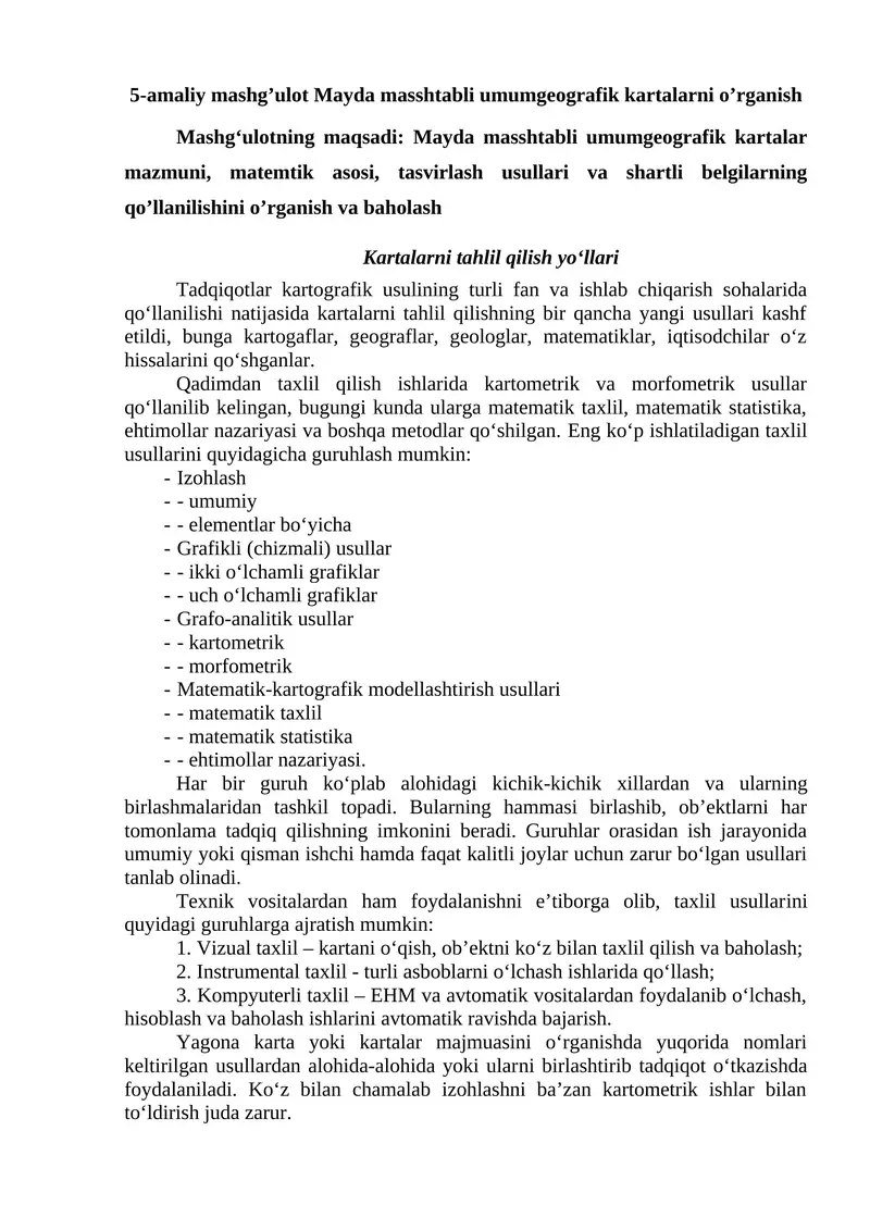 Mayda masshtabli umumgeografik kartalarni o’rganish