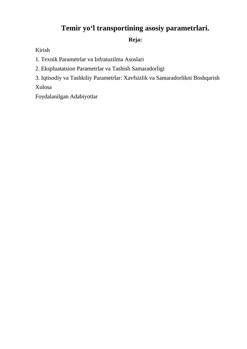 Temir yo‘l transportining asosiy parametrlari