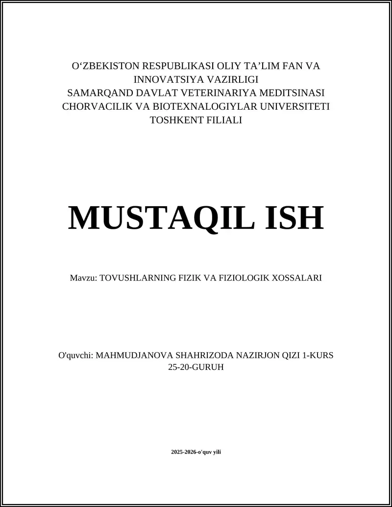 TOVUSHLARNING FIZIK VA FIZIOLOGIK XOSSALARI