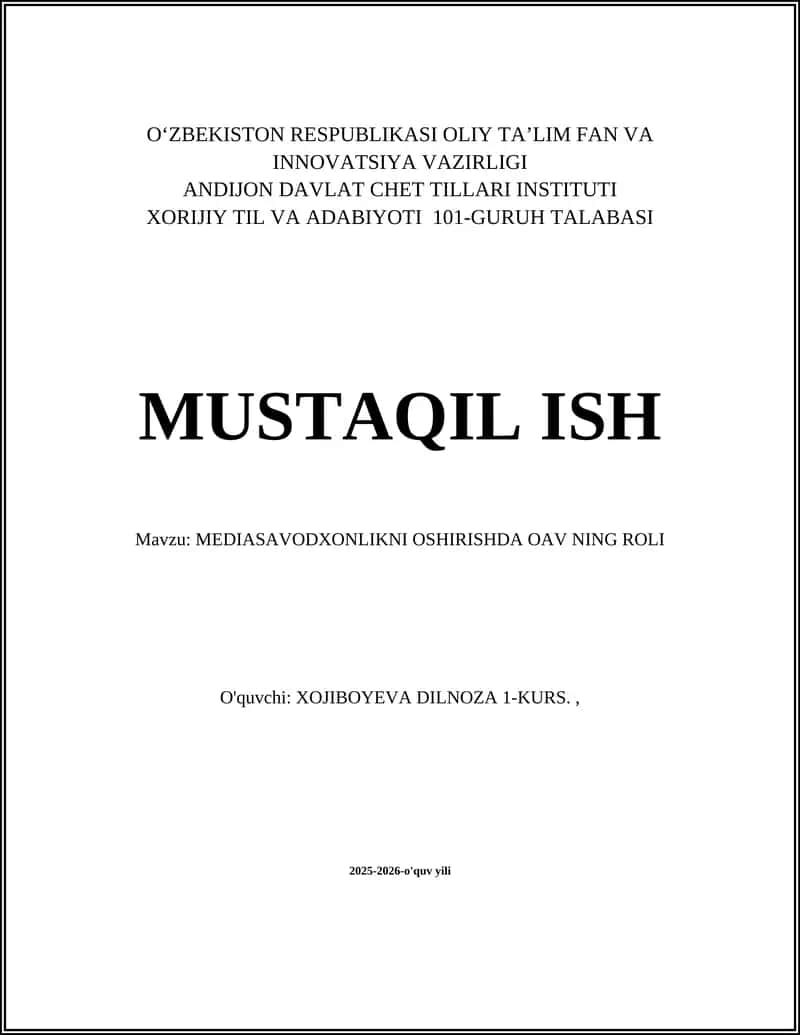 MEDIASAVODXONLIKNI OSHIRISHDA OAV NING ROLI