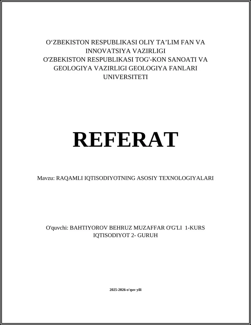 RAQAMLI IQTISODIYOTNING ASOSIY TEXNOLOGIYALARI