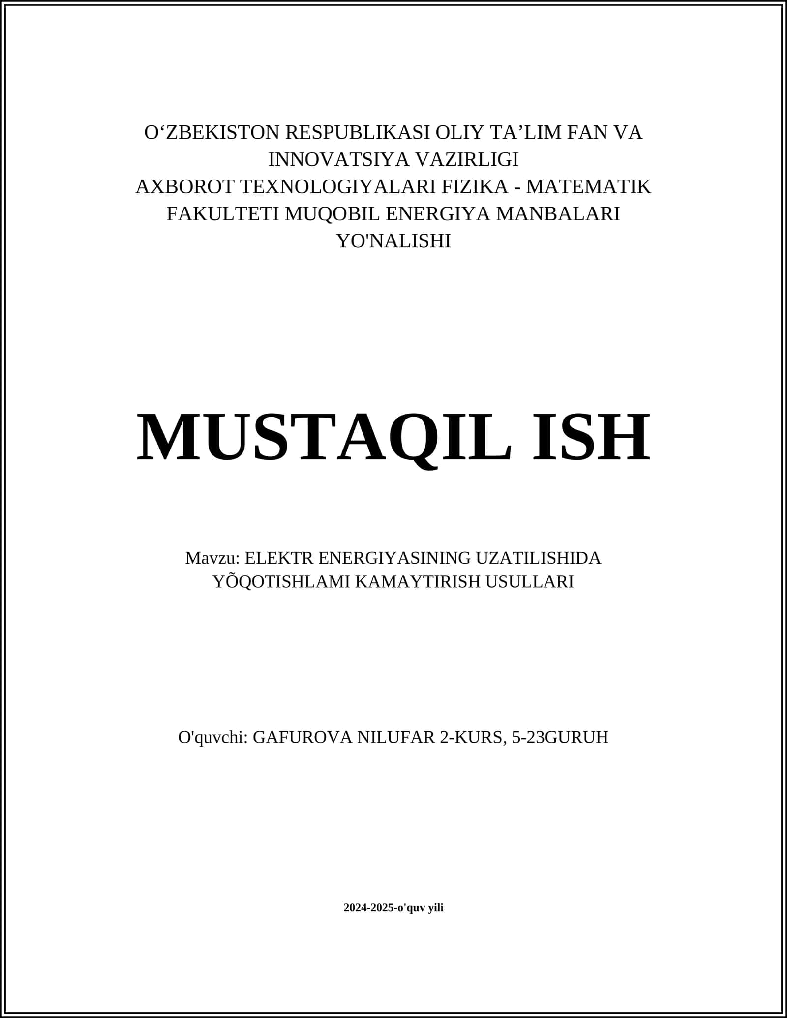 ELEKTR ENERGIYASINING UZATILISHIDA YÕ'QOTISHLAMI KAMAYTIRISH USULLARI