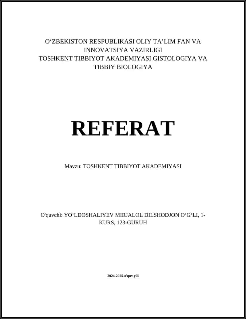 Toshkent Tibbiyot Akademiyasi Referat
