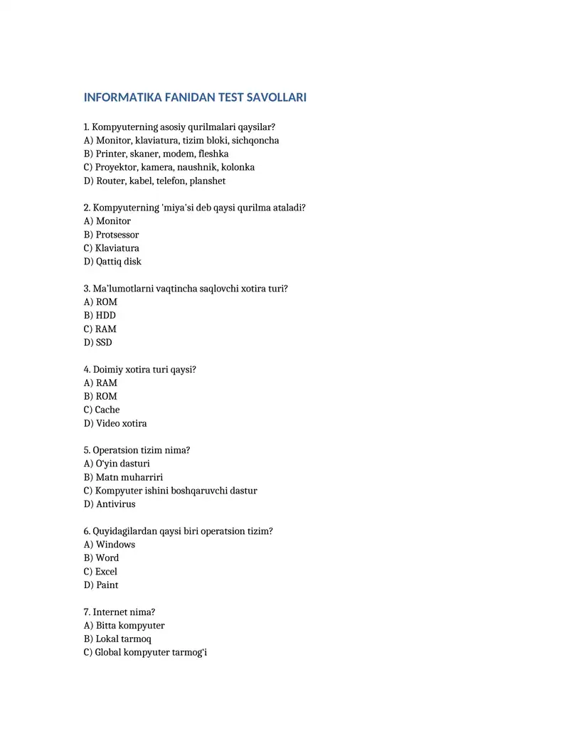 INFORMATIKA FANIDAN TEST SAVOLLARI