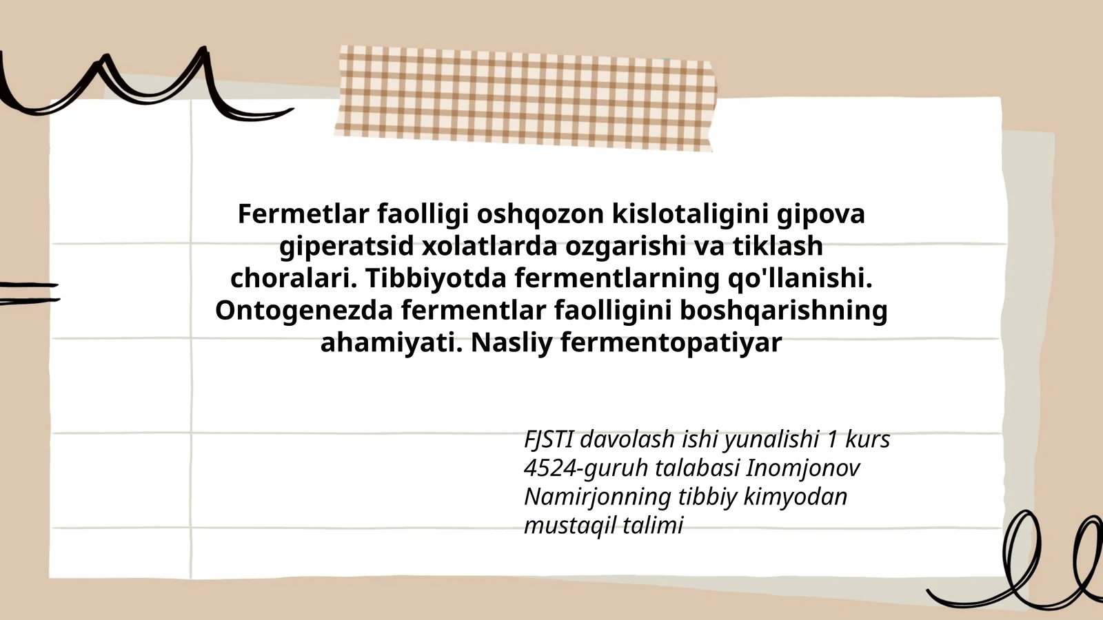 FJSTI davolash ishi yunalishi 1 kurs 4524-guruh talabasi Inomjonov Namirjonning tibbiy kimyodan mustaqil talimi