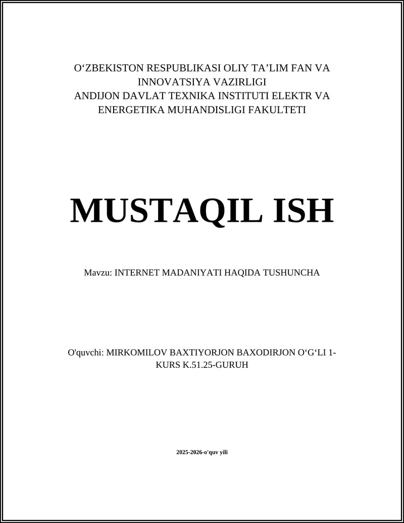 INTERNET MADANIYATI HAQIDA TUSHUNCHA