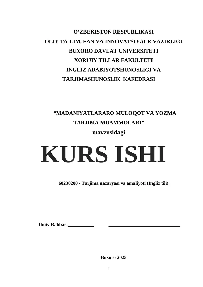 MADANIYATLARARO MULOQOT VA YOZMA TARJIMA MUAMMOLARI