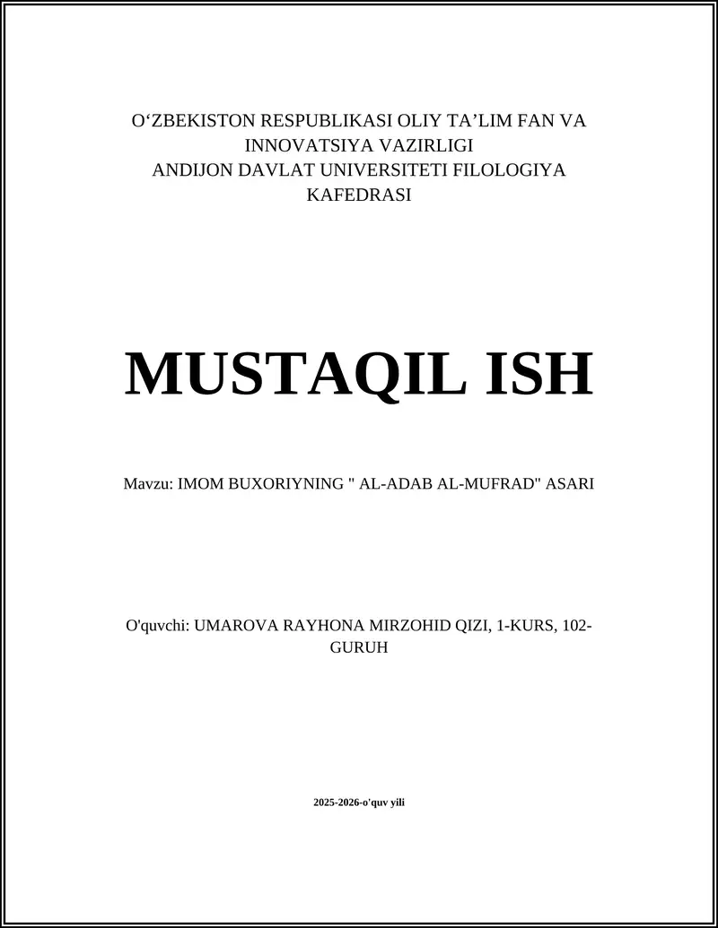 IMOM BUXORIYNING " AL-ADAB AL-MUFRAD" ASARI