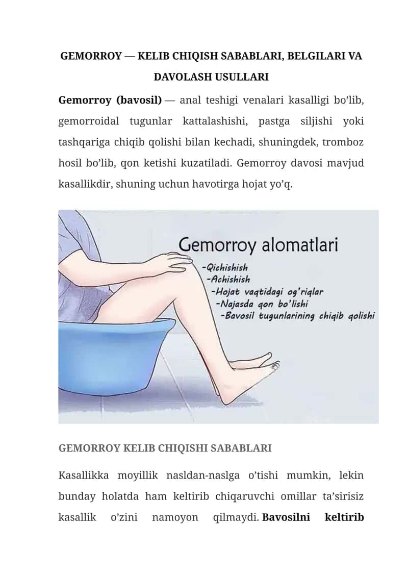 GEMORROY - KELIB CHIQISH SABABLARI, BELGILARI VA DAVOLASH USULLARI