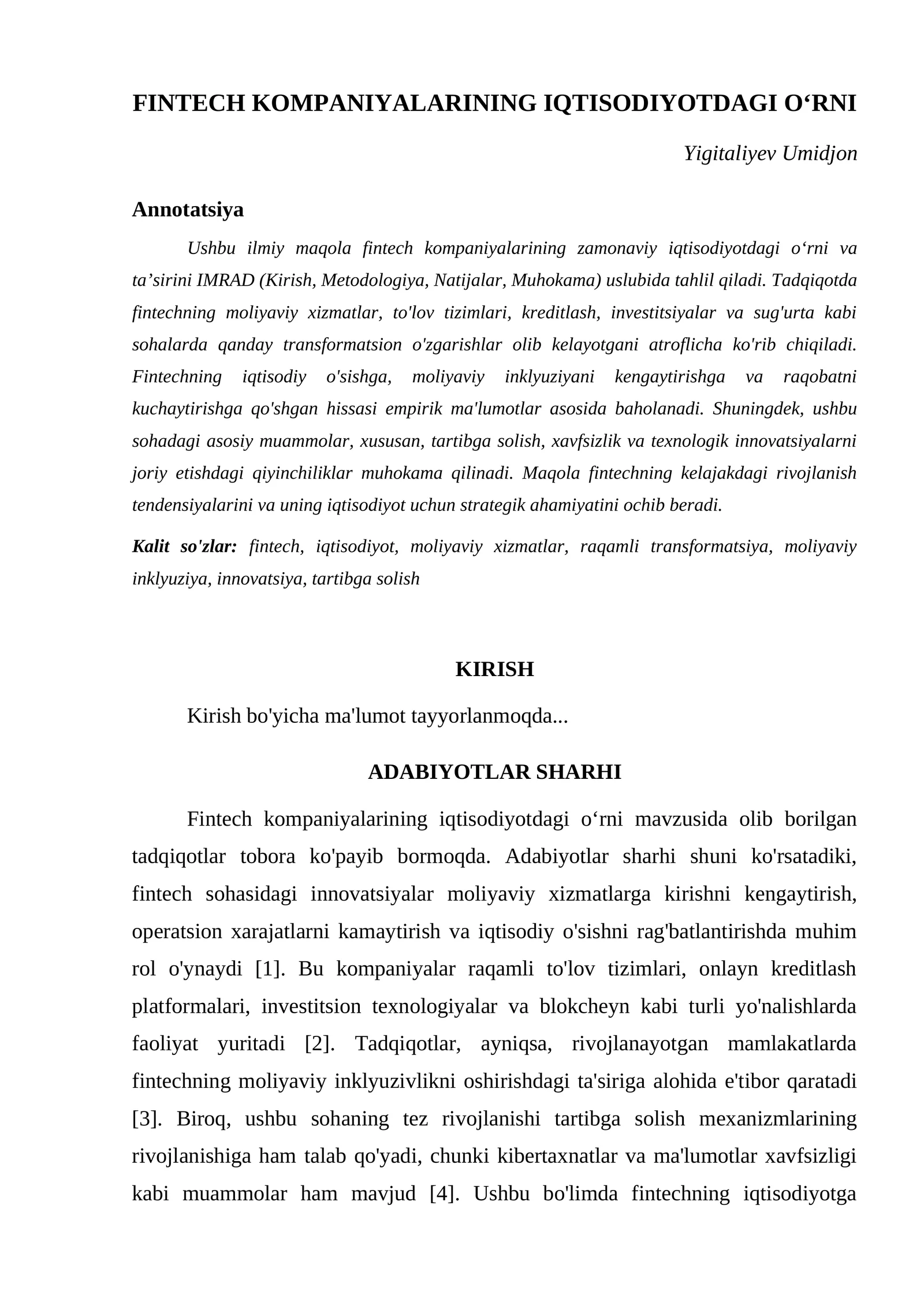 FINTECH KOMPANIYALARINING IQTISODIYOTDAGI O‘RNI