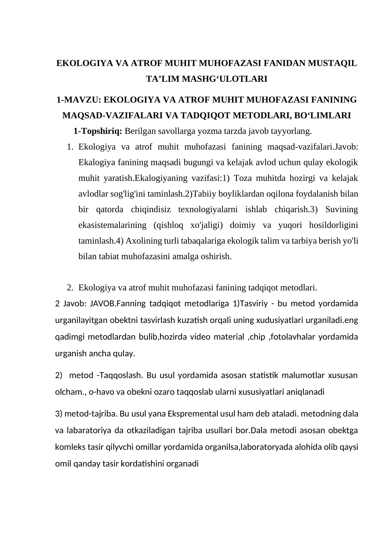 EKOLOGIYA VA ATROF MUHIT MUHOFAZASI FANIDAN MUSTAQIL TA’LIM MASHG‘ULOTLARI