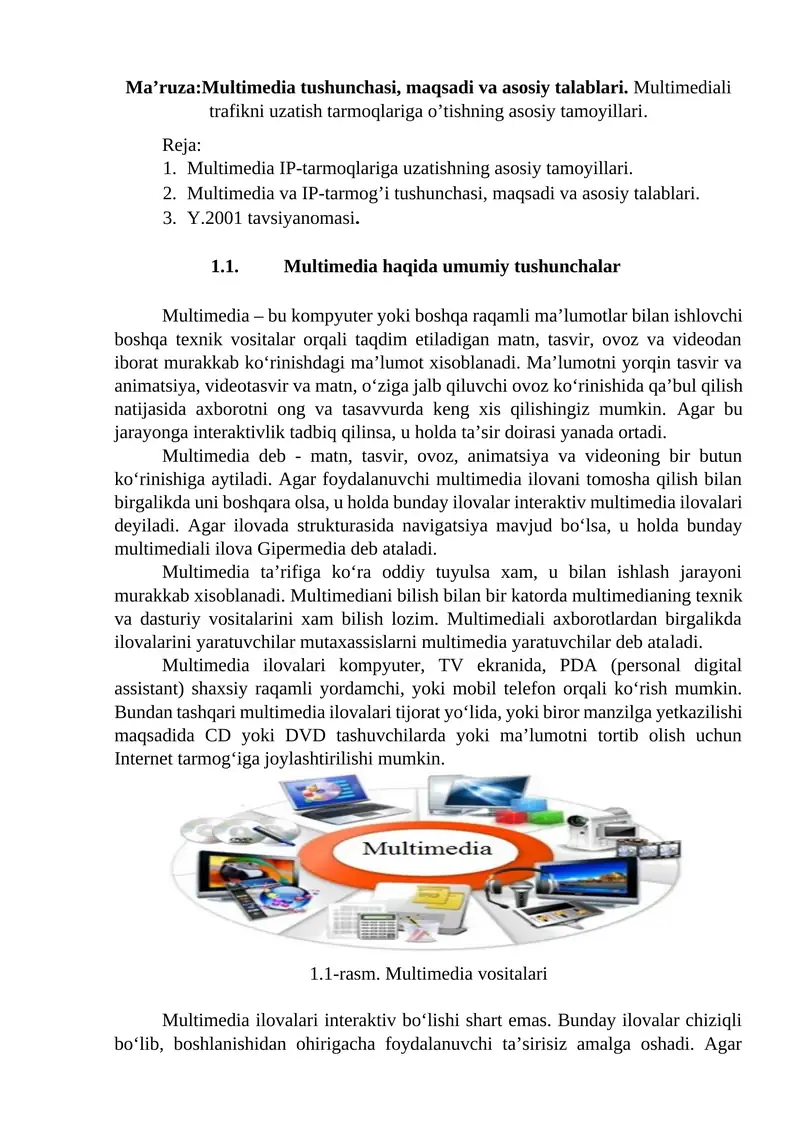 Multimedia IP-tarmoqlariga uzatishning asosiy tamoyillari