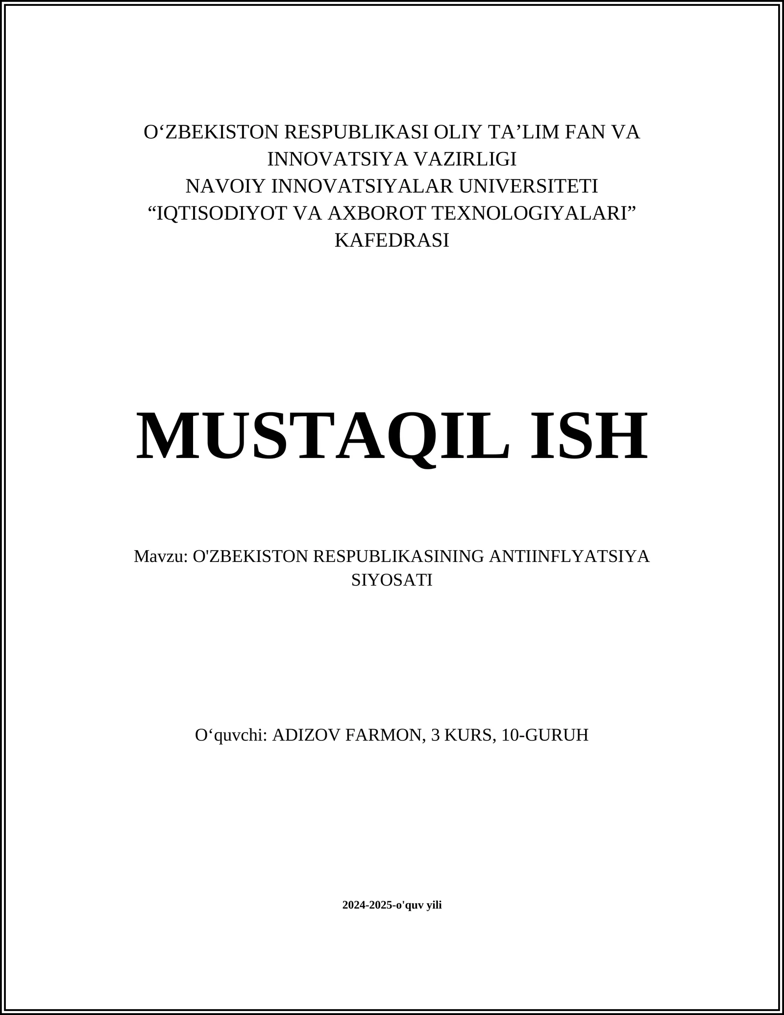 O‘ZBEKISTON RESPUBLIKASINING ANTIINFLYATSIYA SIYOSATI