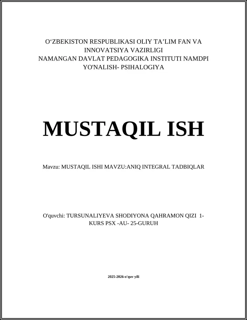 ANIQ INTEGRAL TADBIQLAR