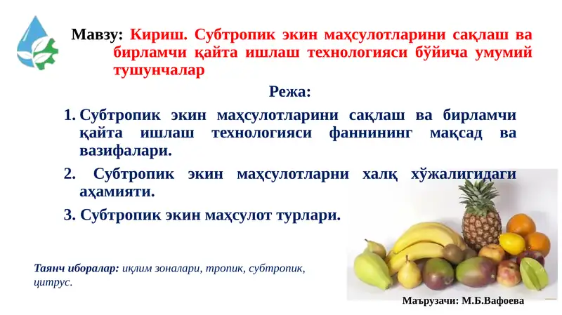 Субтропик экин маҳсулотларини сақлаш ва бирламчи қайта ишлаш технологияси