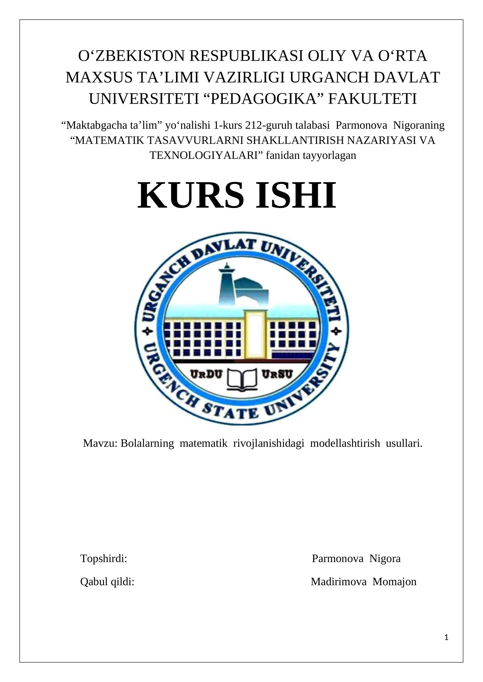 Bolalarning matematik rivojlanishidagi modellashtirish usullari