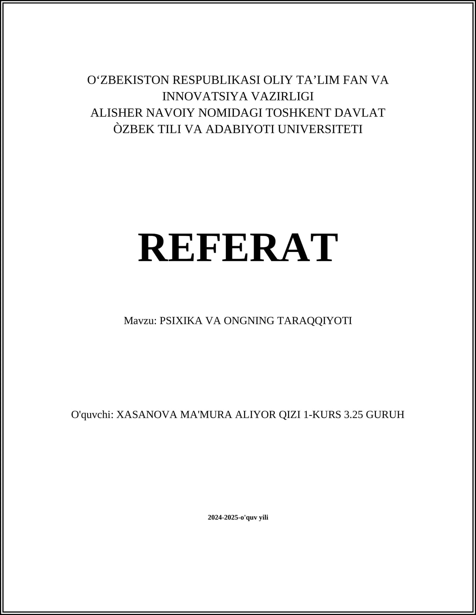 PSIXIKA VA ONGNING TARAQQIYOTI