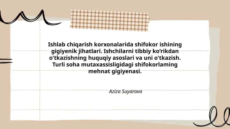 Turli soha mutaxassisligidagi shifokorlaming mehnat gigiyenasi