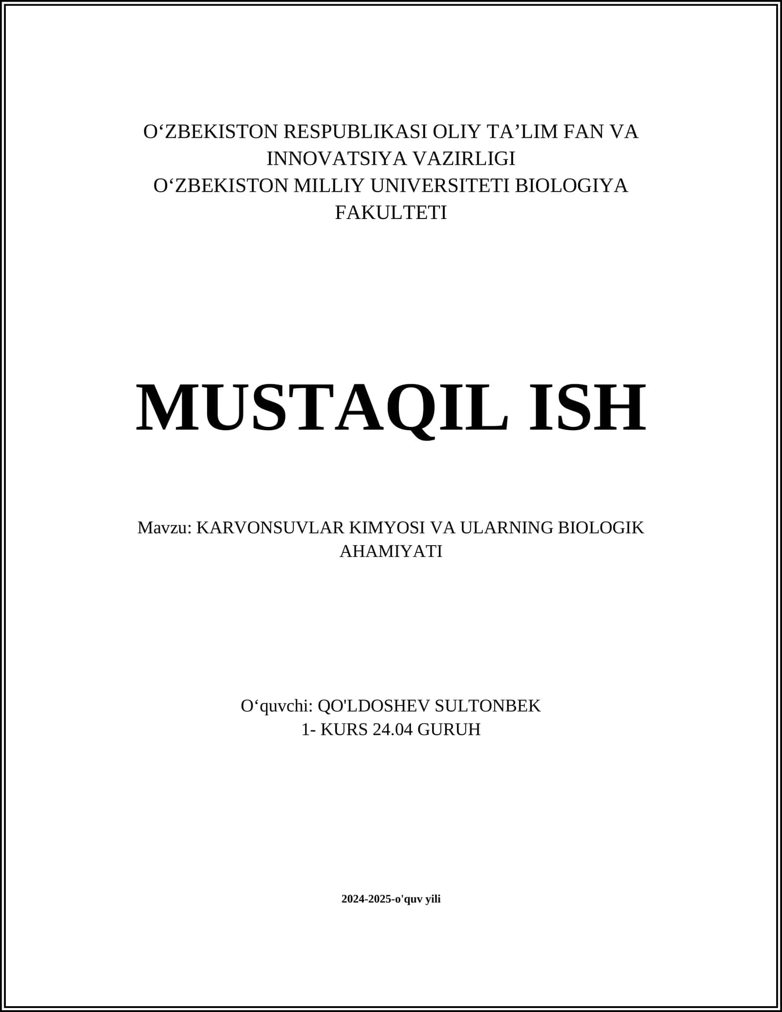 KARVONSUVLAR KIMYOSI VA ULARNING BIOLOGIK AHAMIYATI