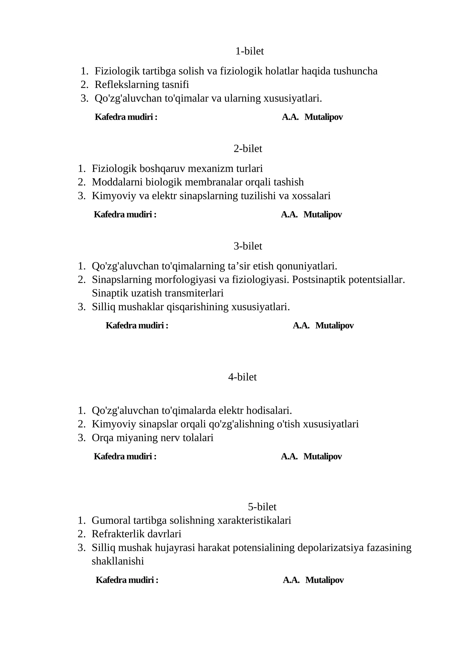 Fiziologiya bilimlari imtihon biletleri
