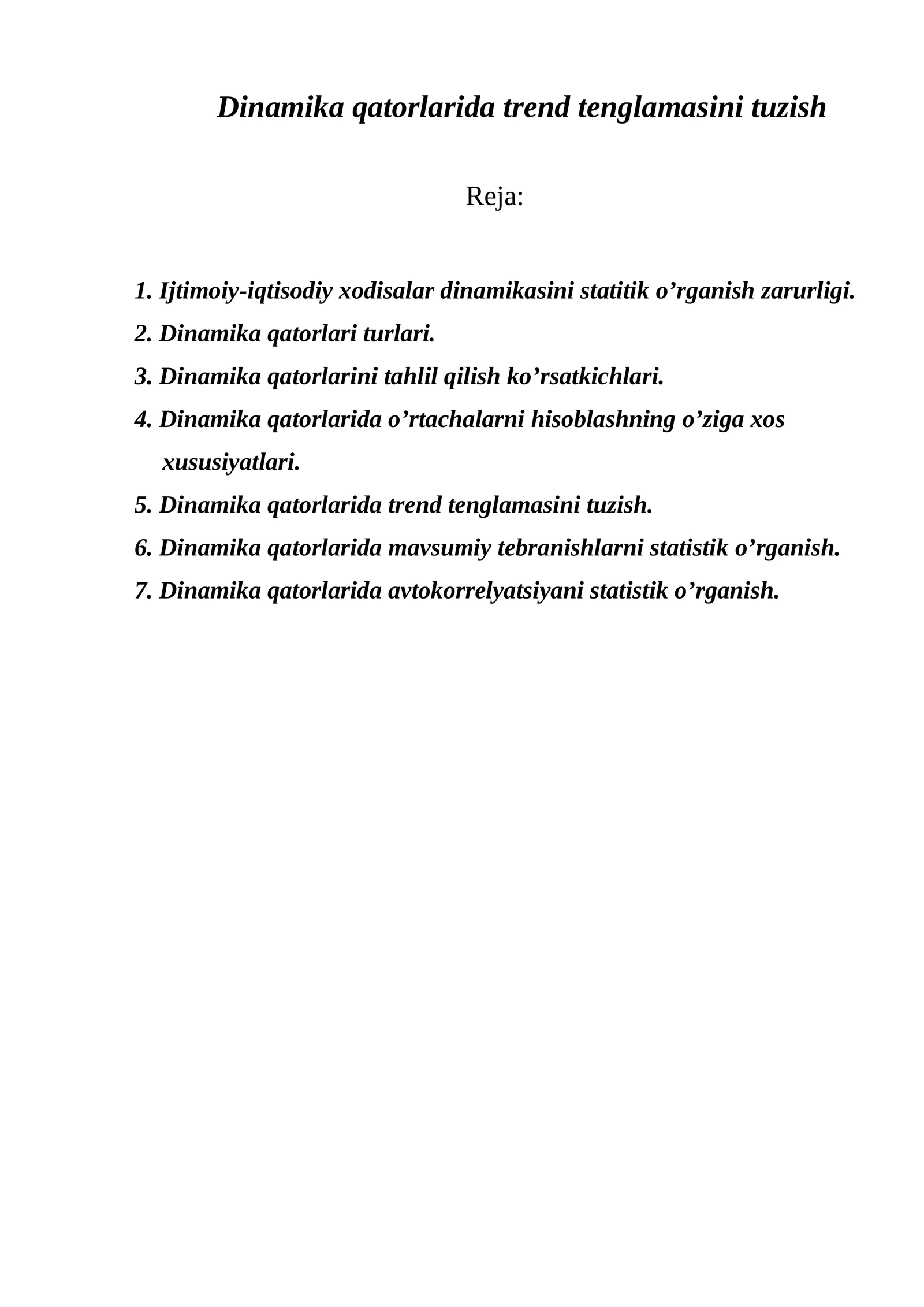 Dinamika qatorlarida trend tenglamasini tuzish