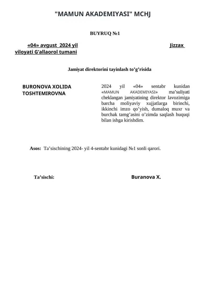 MAMUN AKADEMIYASI"MCHJ BUYRUQ №1