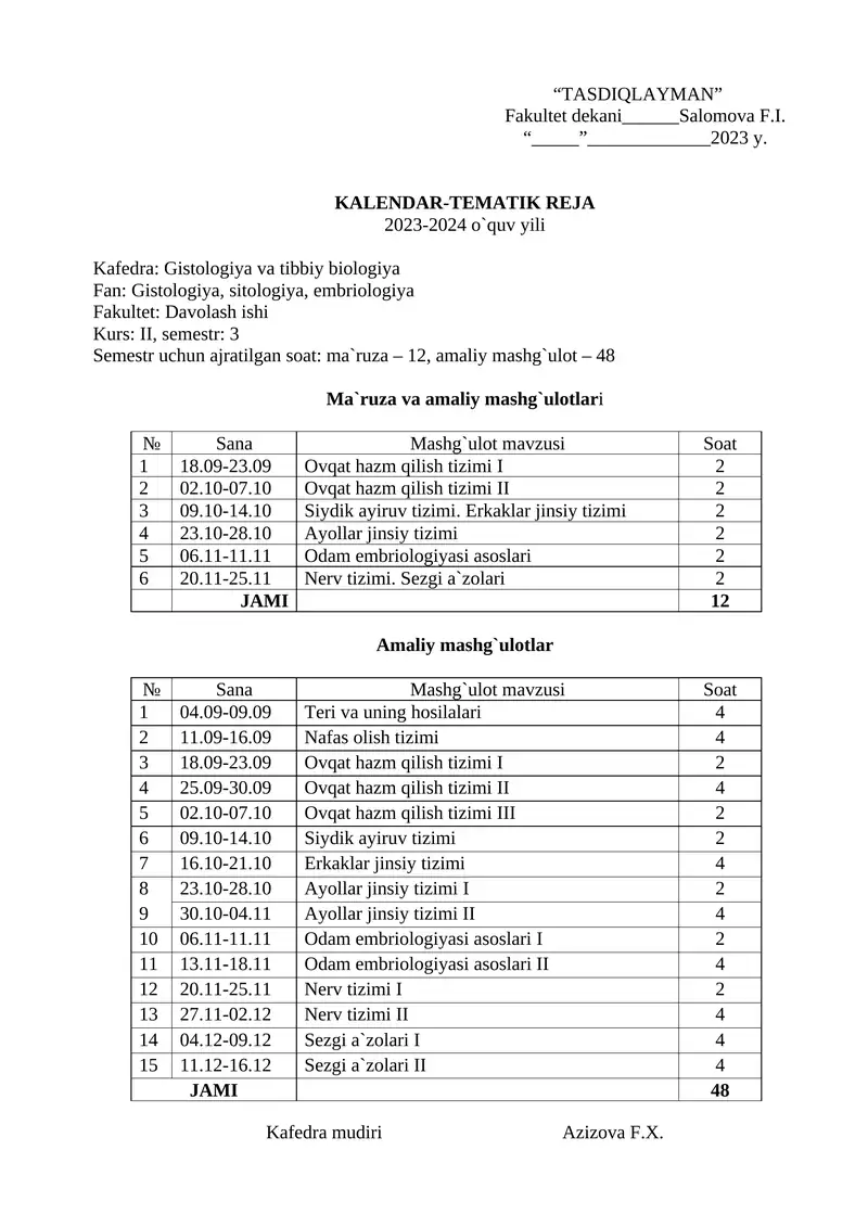 KALENDAR-TEMATIK REJA 2023-2024 o`quv yili