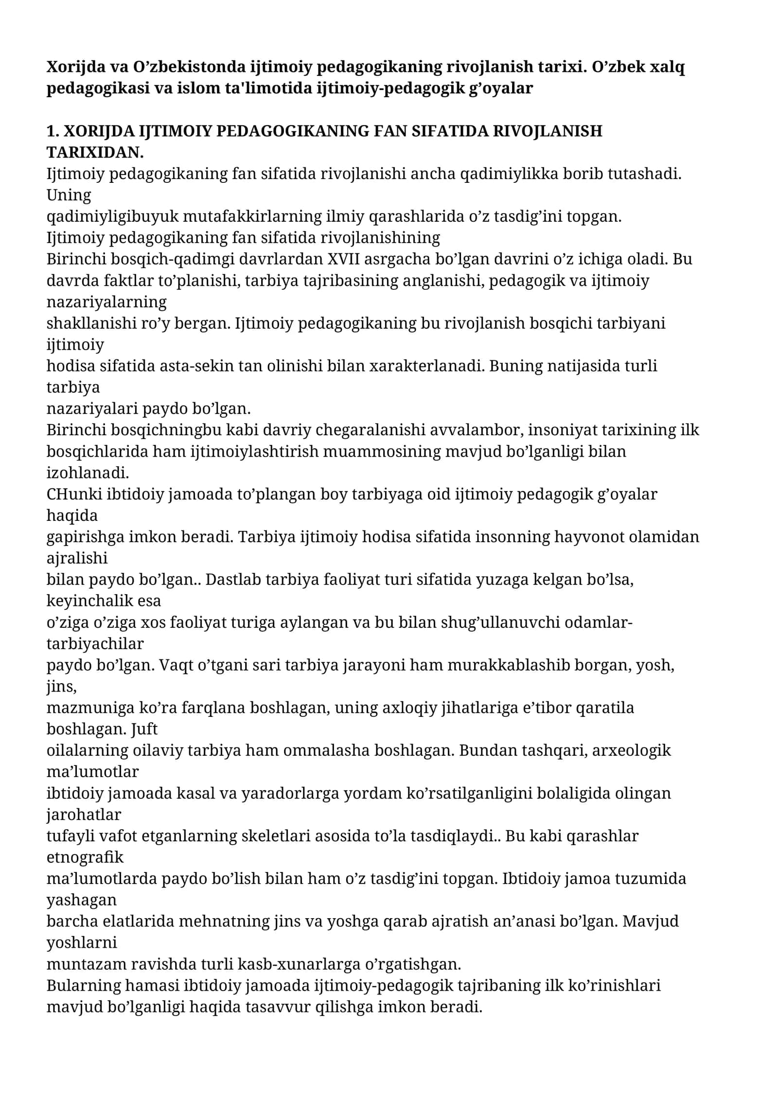 Xorijda va O’zbekistonda Ijtimoiy Pedagogikaning Rivojlanish Tarixi
