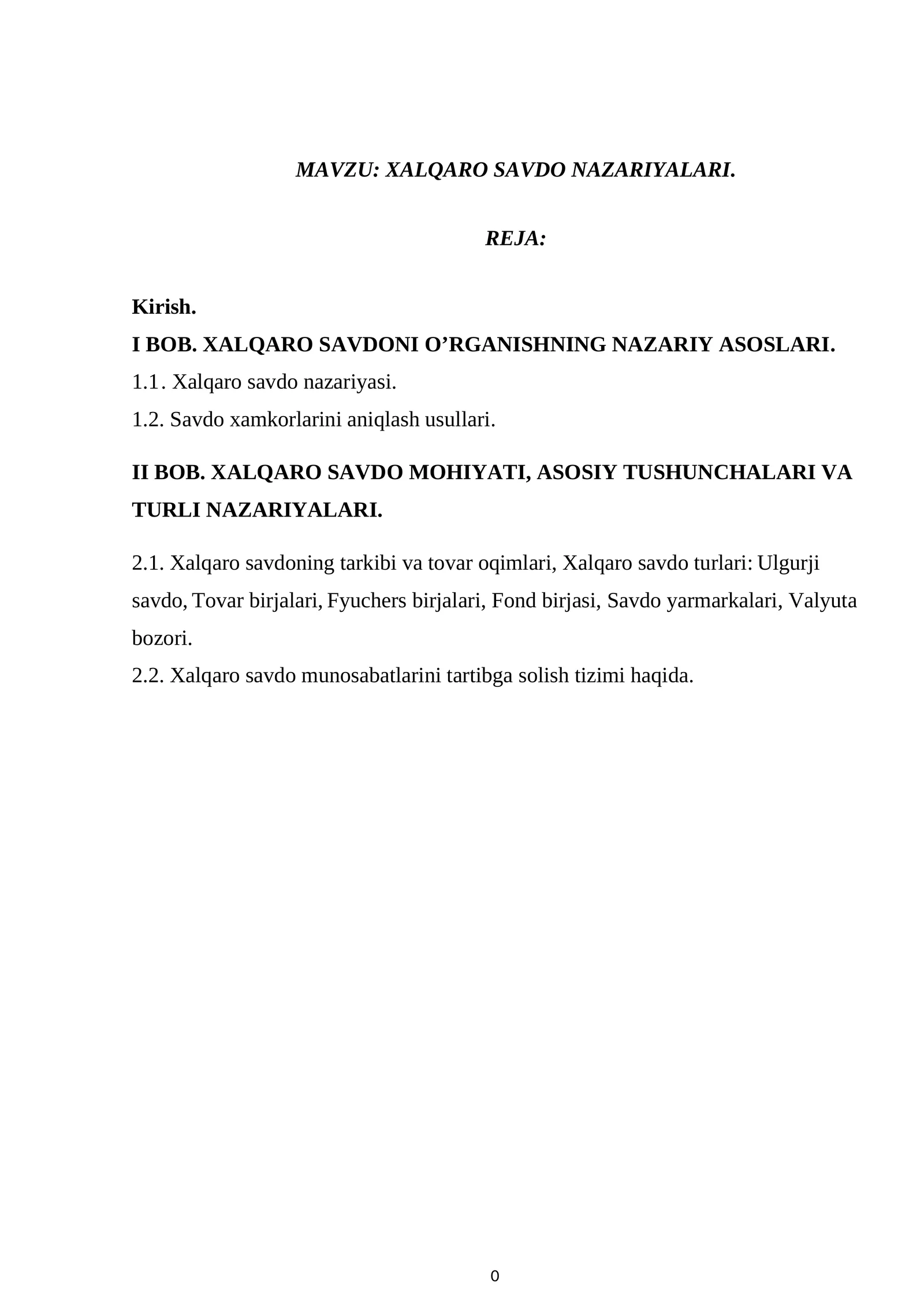 XALQARO SAVDO NAZARIYALARI